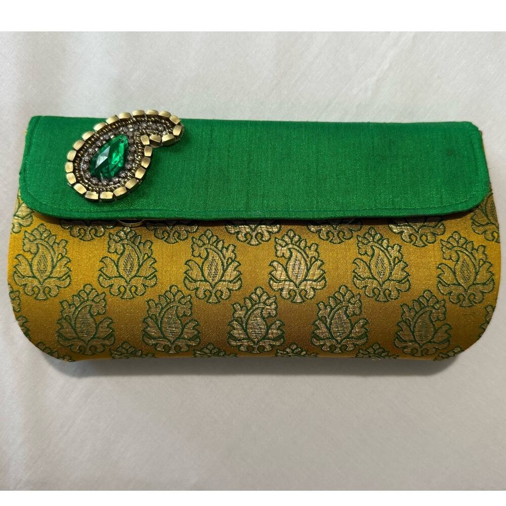 Gold/Yellow & Green Paisley / Mendhi Beaded Embellished Clutch Purse